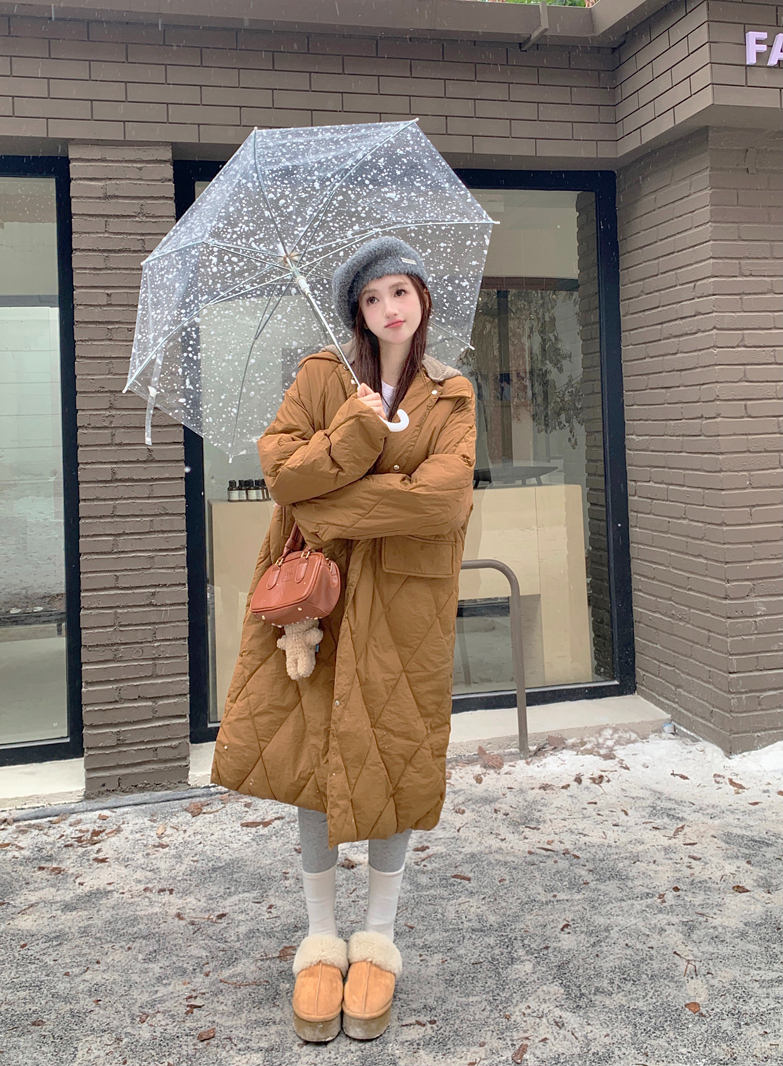 實拍 韓版復古美拉德色系穿搭中長款棉服女可拆卸連帽外套上衣