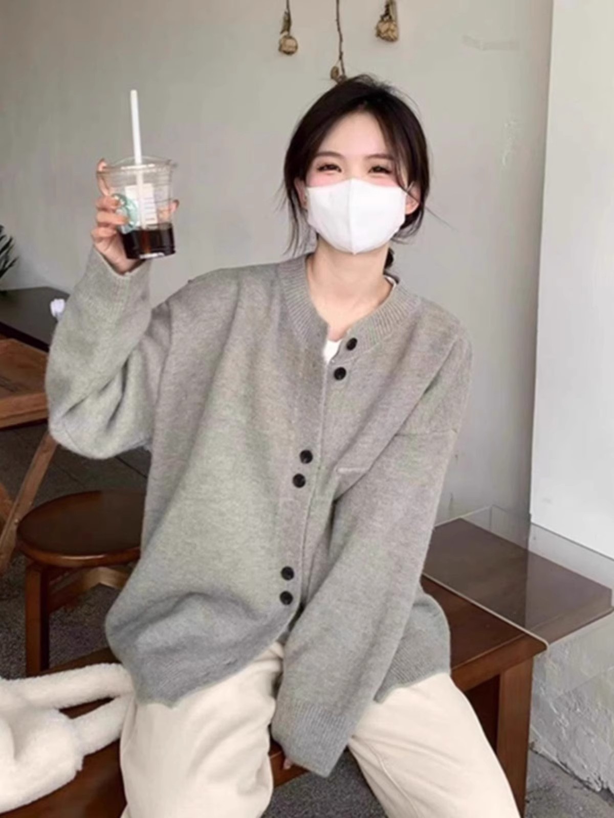 灰色寬鬆慵懶風日系針織開衫女春秋軟糯小香風毛衣外套設計感上衣
