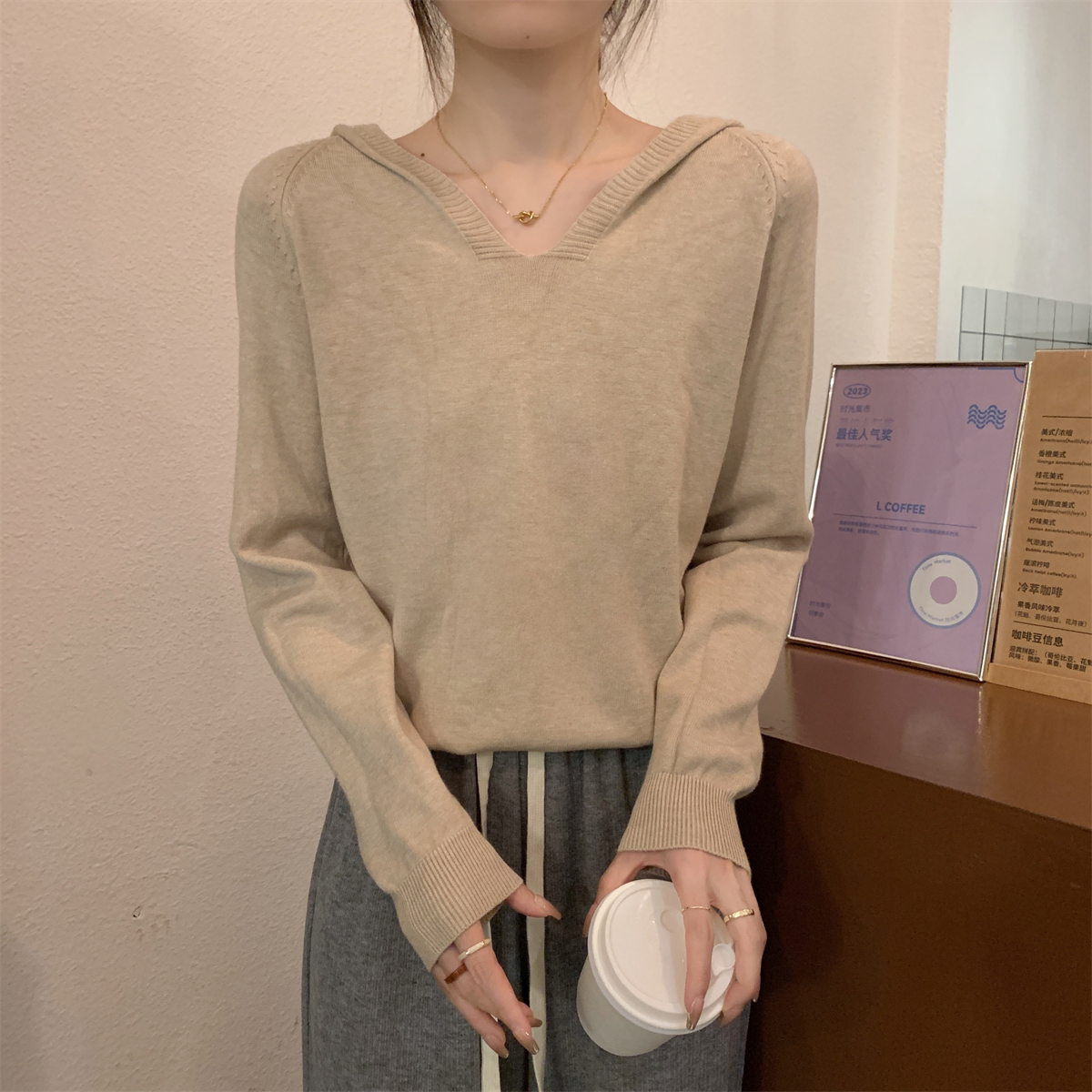 實拍 秋冬韓版寬鬆連帽百搭安迪絨套頭純色內搭針織打底毛衣