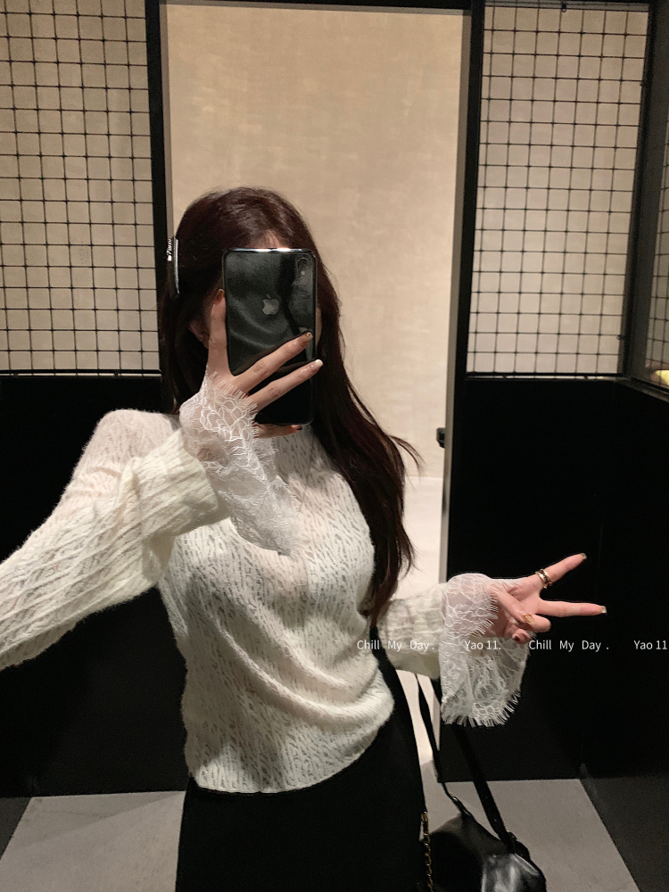 實拍內搭打底衫女2023秋冬蕾絲t恤設計感洋氣時髦長袖上衣