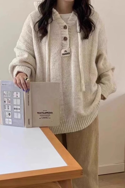 日系復古寬鬆慵懶風連帽毛衣女秋冬新款軟糯加厚抽繩針織衛衣上衣