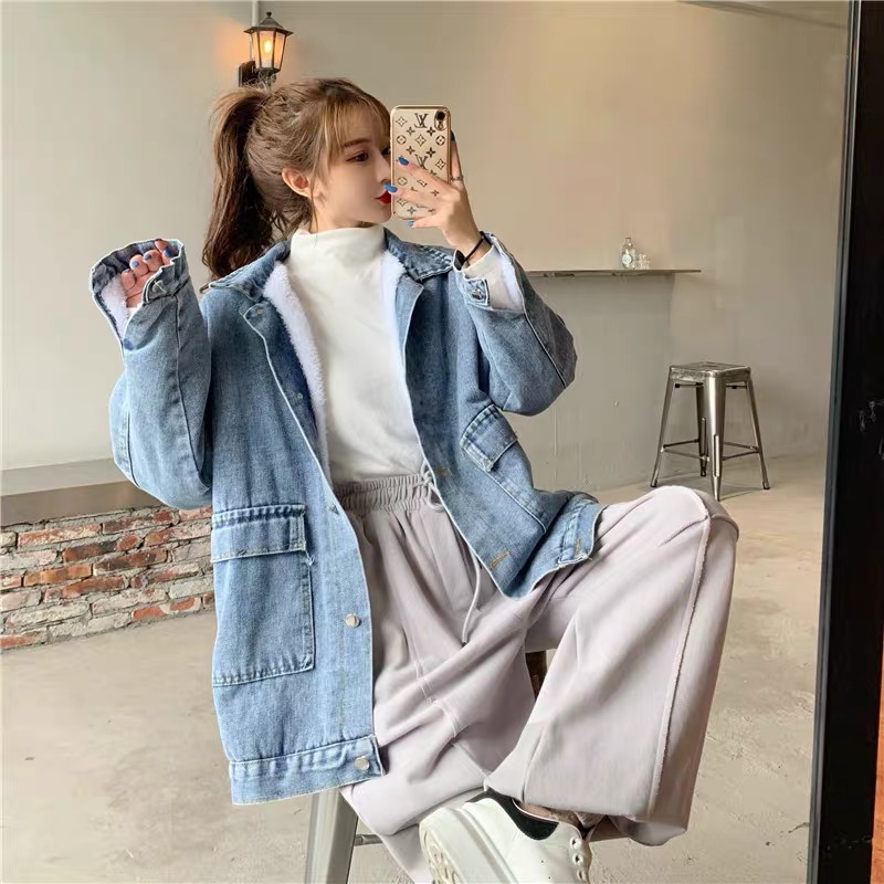 加絨加厚牛仔外套女2023秋冬新款BF風寬鬆大口袋百搭學生夾克上衣