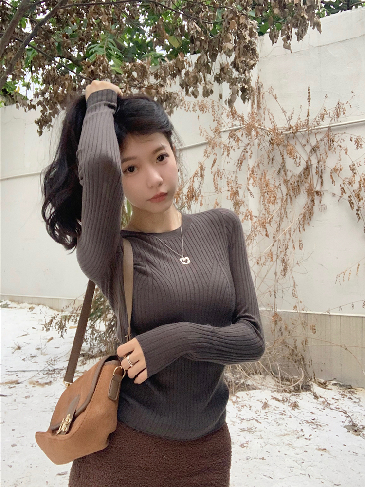 實拍~圓領針織衫女秋季2023新款修身顯瘦長袖內搭打底衫上衣