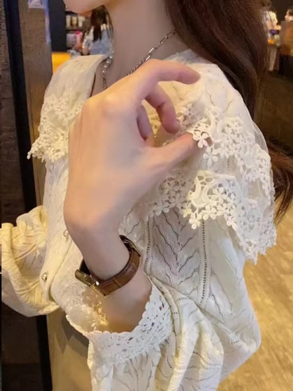 甜美別致蕾絲荷葉邊長袖襯衫女秋裝洋氣顯瘦打底衫上衣
