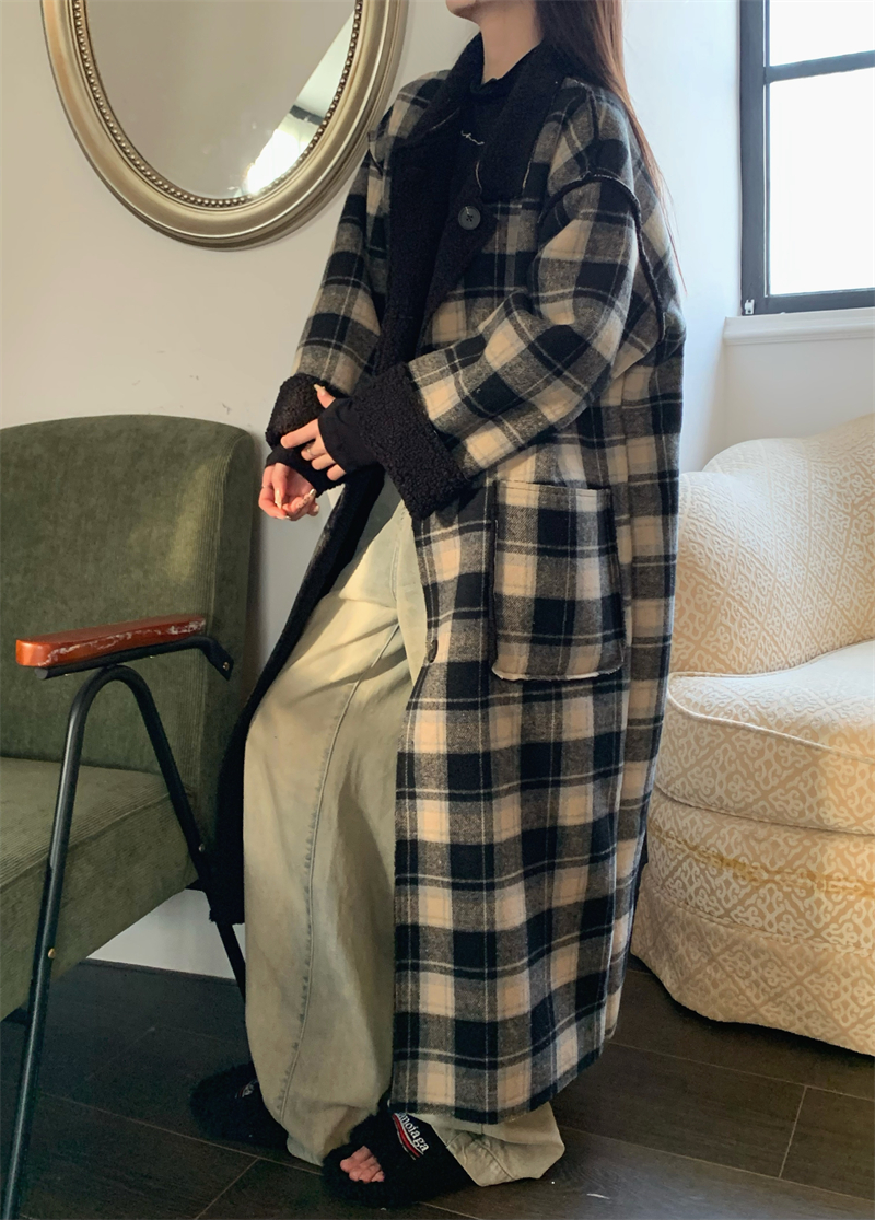 實拍 加厚寬鬆格子羊羔毛大衣長款慵懶高級感保暖女外套