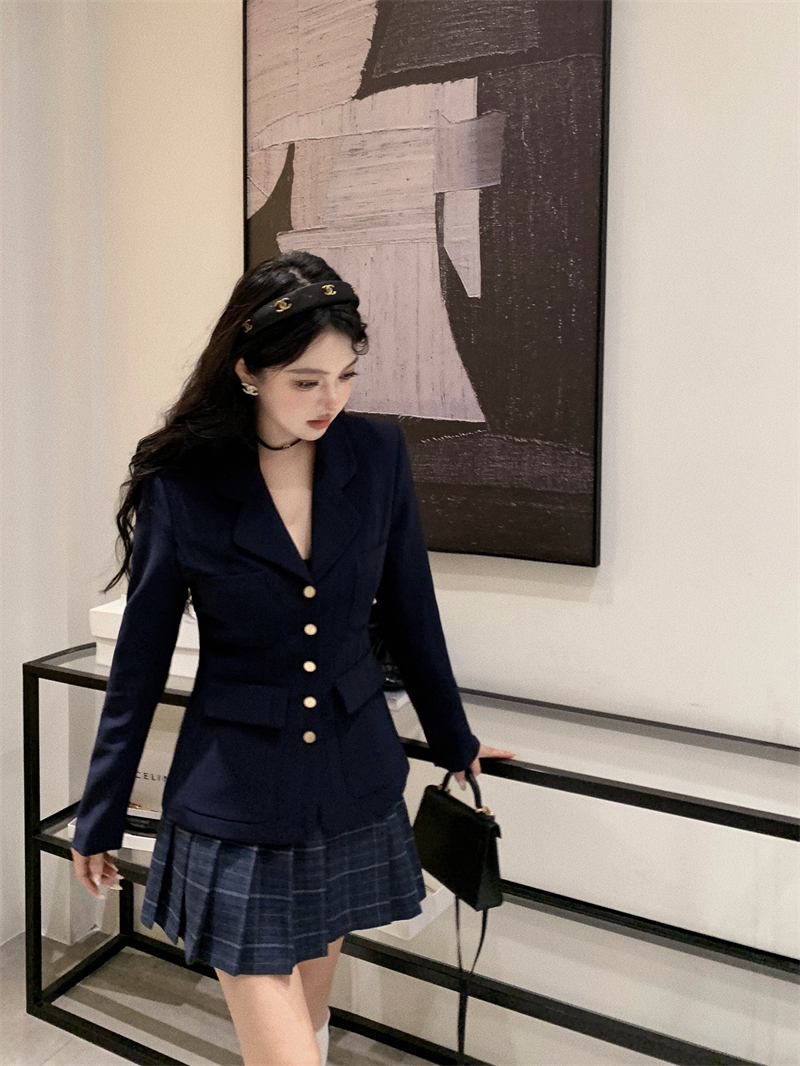 實拍氣質小香金扣藏青收腰顯瘦外套學院風西服套裝女團JK格裙