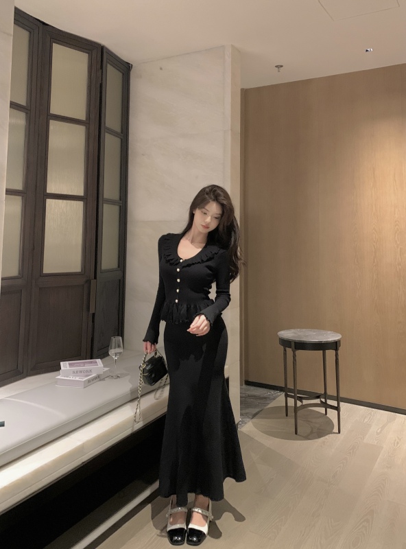 實拍~氣質荷葉邊長袖針織上衣女高腰半身裙魚尾包臀長裙套裝