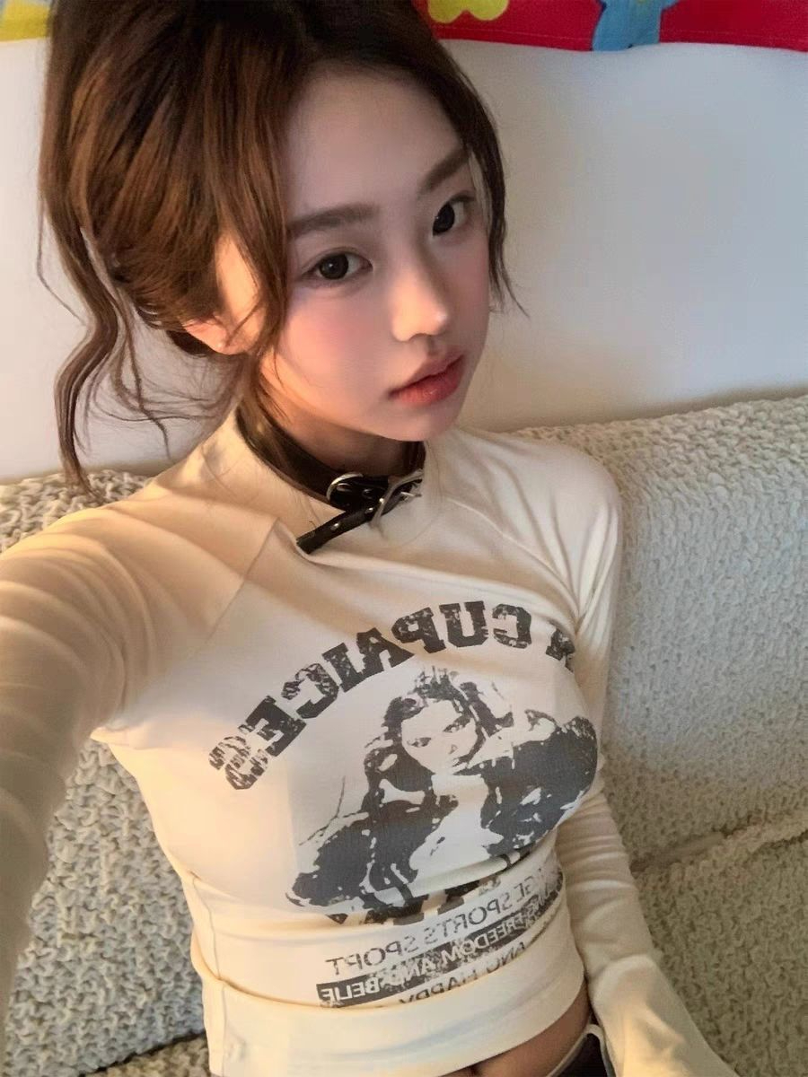 40支92棉美式長袖t恤女秋新款印花修身顯瘦打底衫辣妹短款上衣