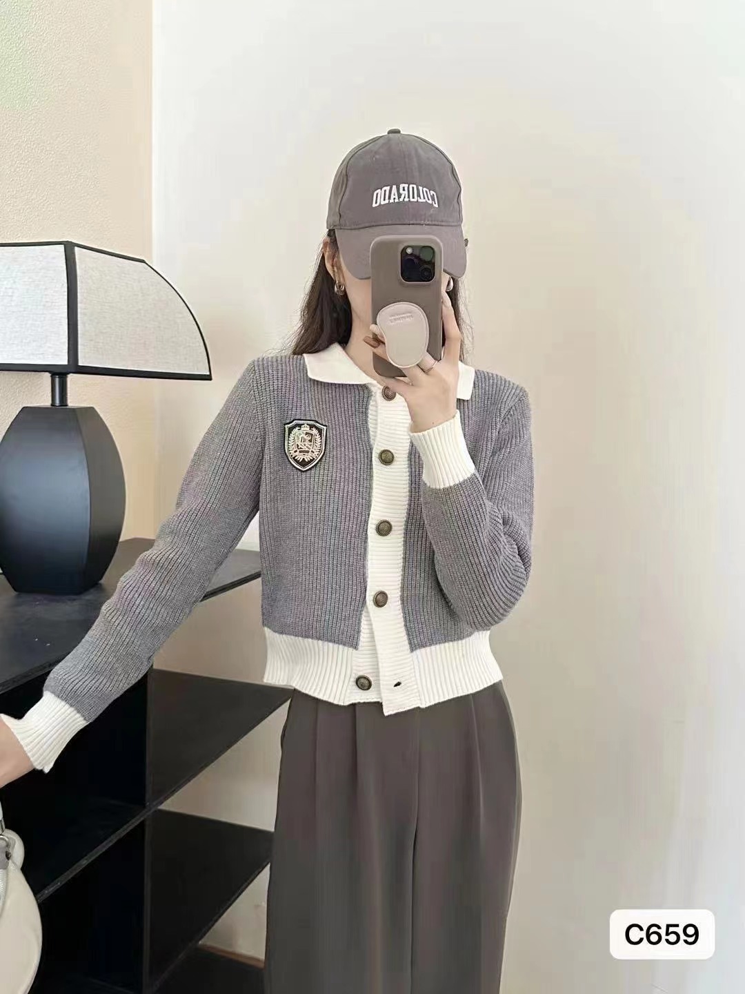 2023秋冬新款韓版東大門慵懶風翻領刺繡長袖開衫上衣女