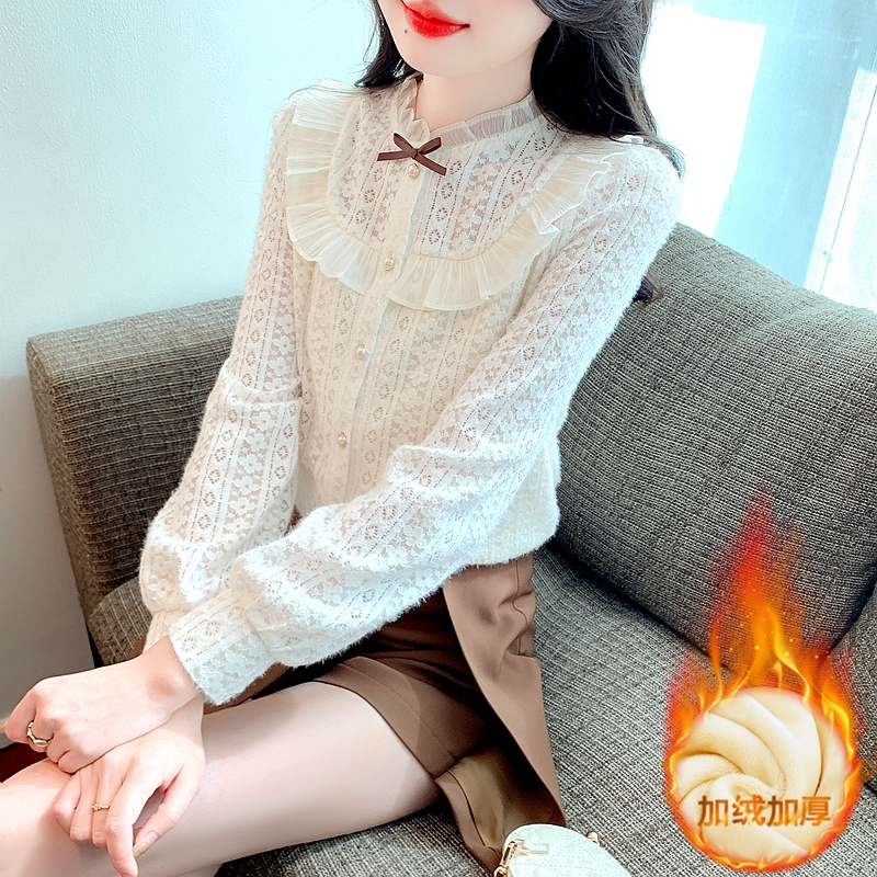 立領蕾絲襯衫女長袖2023秋冬季新款加絨加厚上衣重工絨感內搭襯衣