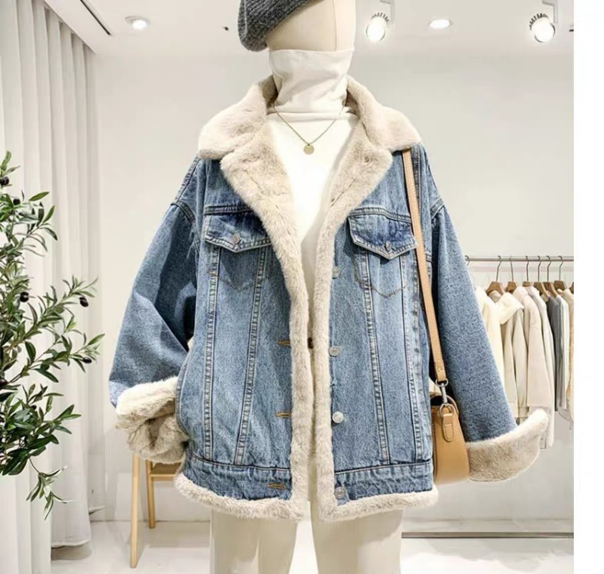 兩面穿羊羔毛牛仔外套女冬季韓版bf休閒寬鬆加絨加厚棉服派克大衣