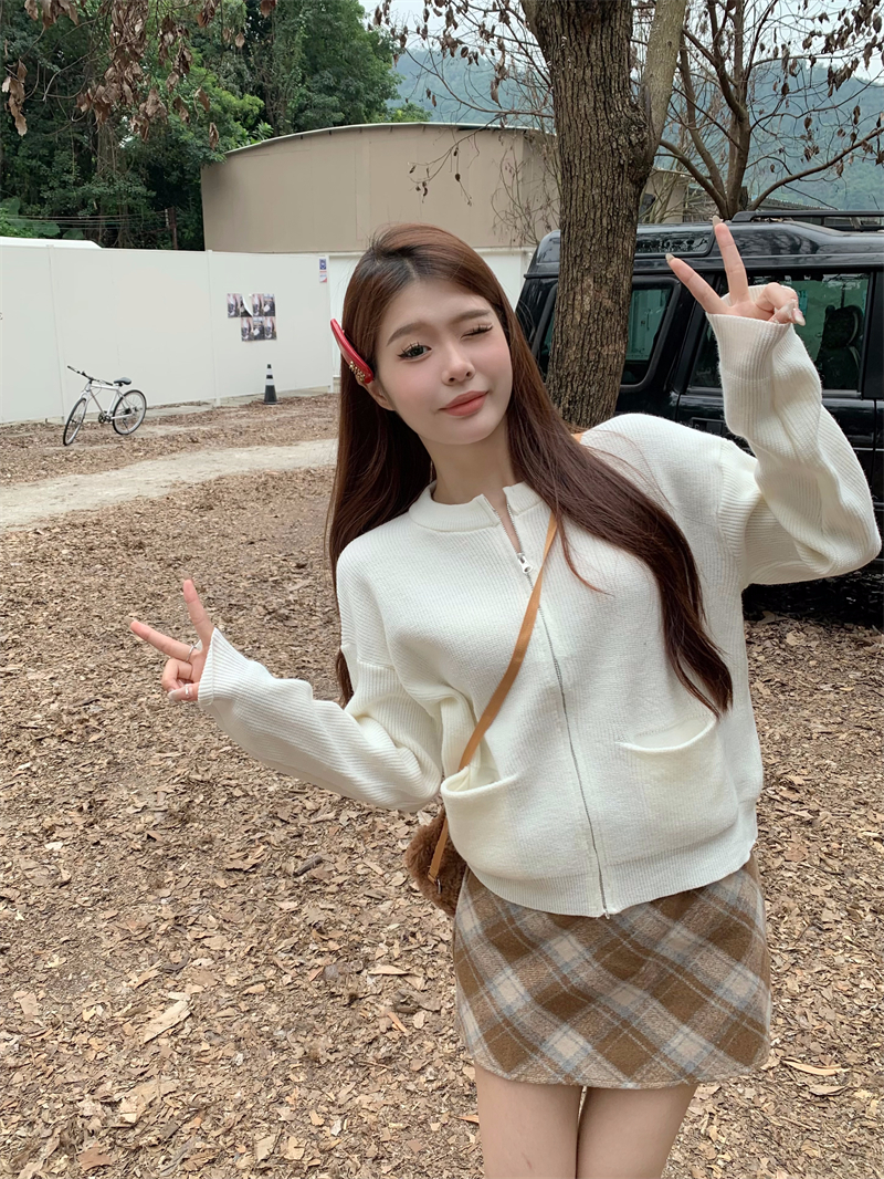 實拍 秋冬溫柔風奶系毛衣女高級感拉鏈針織開衫外套上衣女