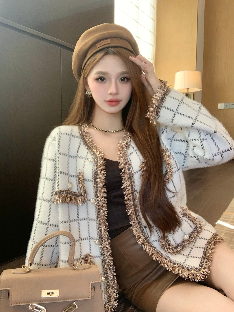 Real shot French imitation mink velvet bright silk tassel edge small fragrance versatile jacket feminine style sweater cardigan trend