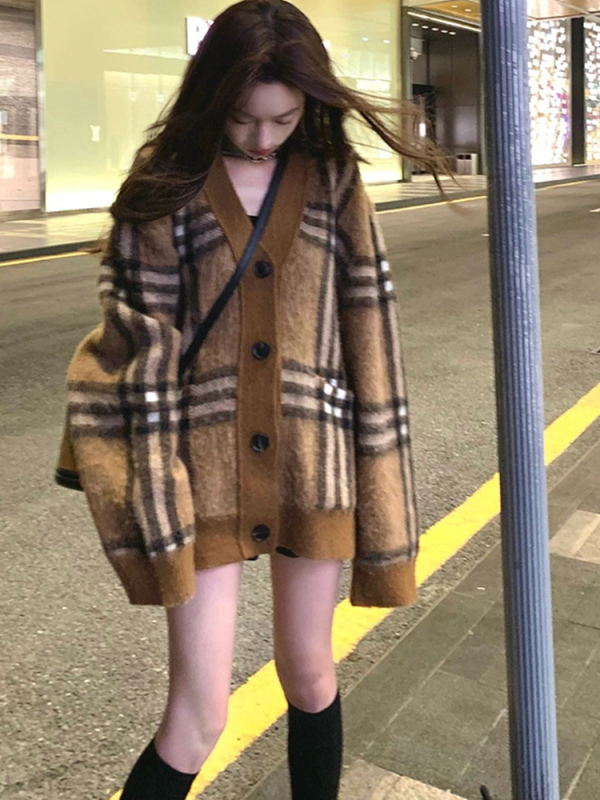 寬鬆慵懶風中長款針織開衫外套女秋冬外穿高級感復古軟糯V領毛衣