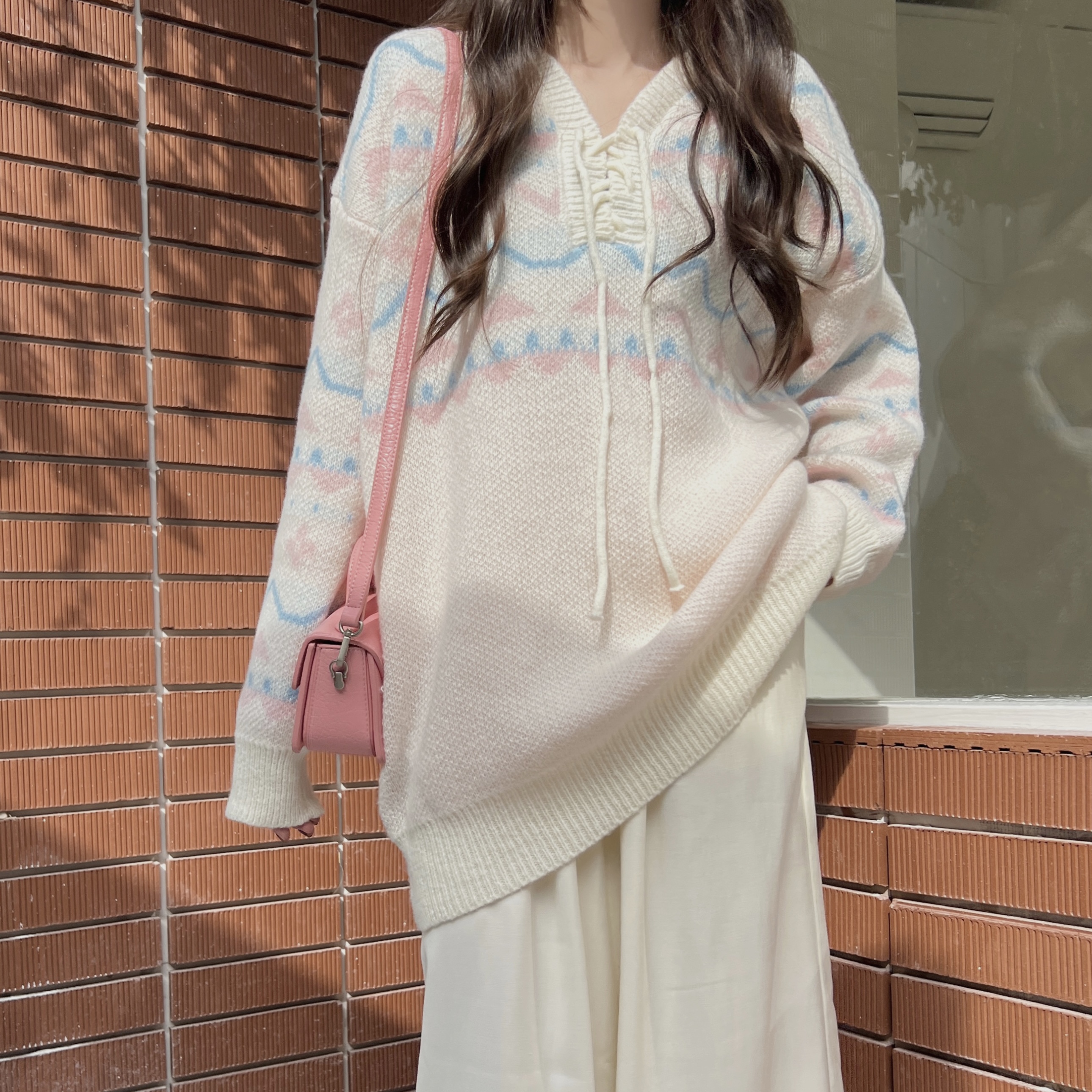 實拍 冬新款胖妹妹寬鬆復古領綁帶條紋針織毛衣慵懶開衫長袖