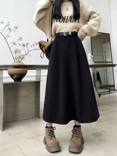 Actual shot~Thick woolen new autumn high-waist slimming temperament A-line versatile long skirt women's umbrella skirt