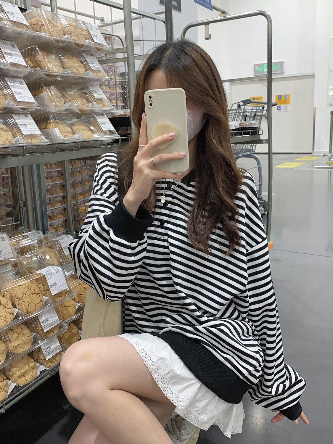 實拍立領設計感條紋衛衣女日系慵懶秋冬長袖套頭打底上衣