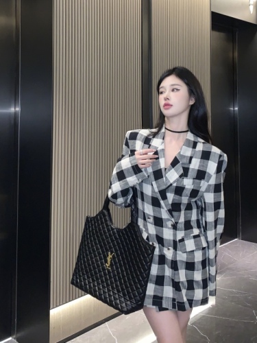 实拍 韩版复古黑白格子长袖中长款外套+高腰半身裙两件套