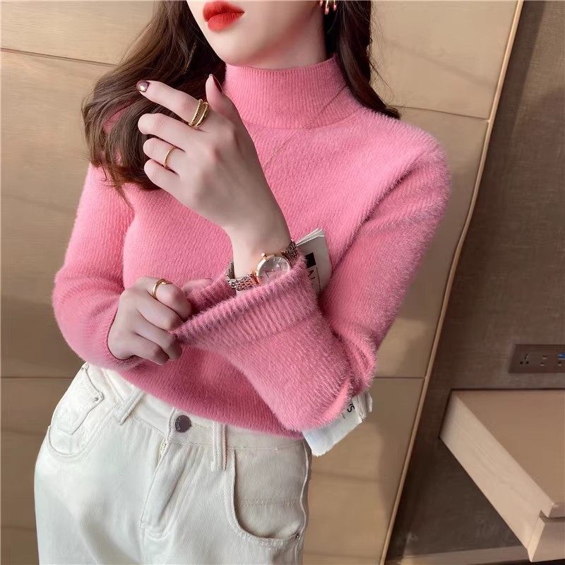 白色加厚水貂絨毛衣女秋冬季內搭高級感半高領針織打底衫修身上衣
