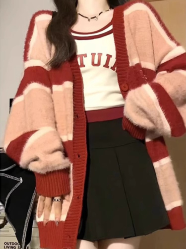  Autumn/Winter New Elegant Striped Color-block V-neck Knit Cardigan for Women Loose Slouchy Soft and Chewy Sweatshirt Outerwear