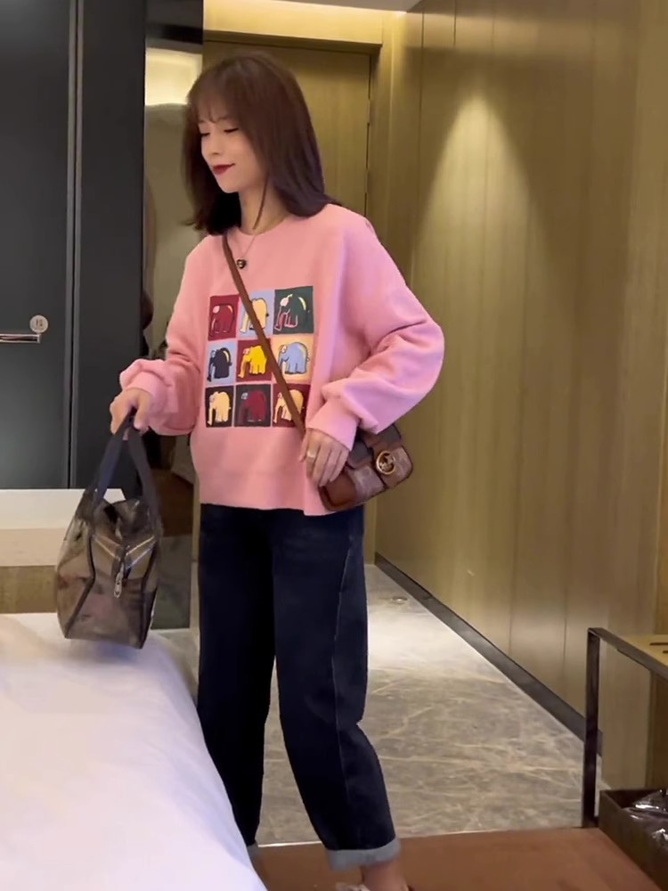 粉色圓領加厚加絨衛衣女春秋款2023新款時尚洋氣小個子上衣女