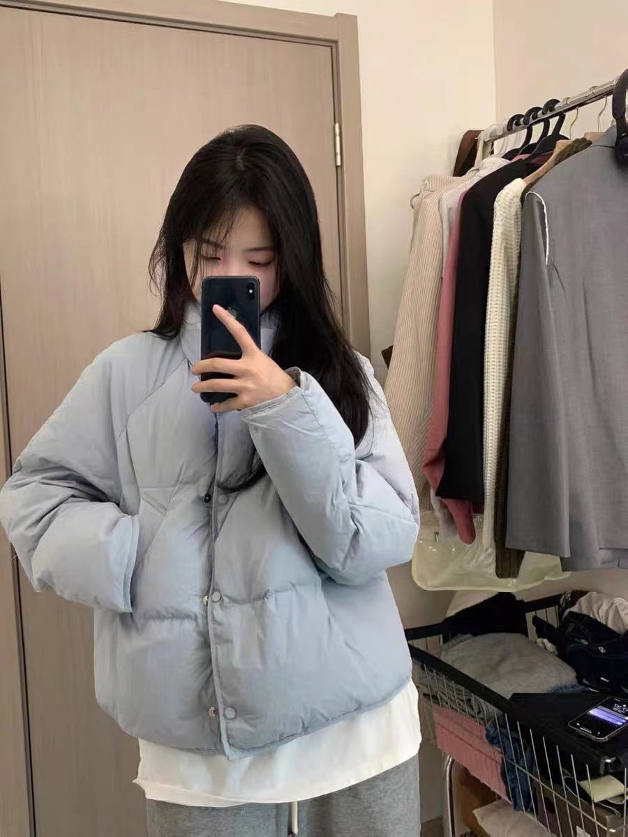 vintage藍色棉衣女冬季年新款ins寬鬆短款小個子加厚麵包棉服