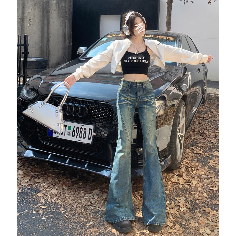 實拍2023秋季時尚美式高街復古毛邊腰頭喇叭辣妹牛仔褲子女