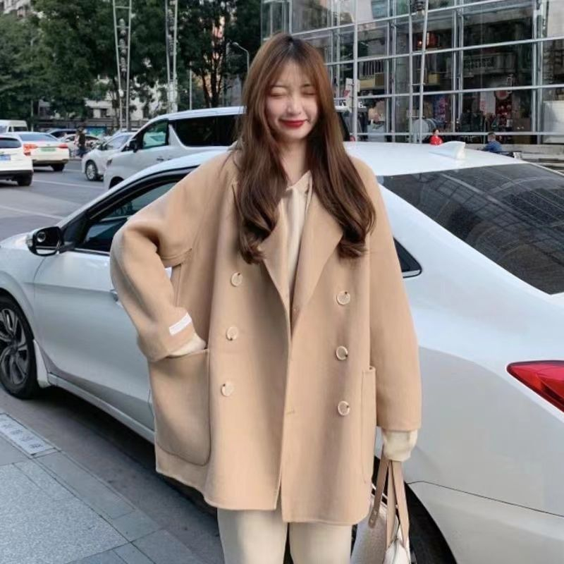 韓國chic早秋冬季大口袋寬鬆赫本風小個子西裝領中長款呢子大衣女