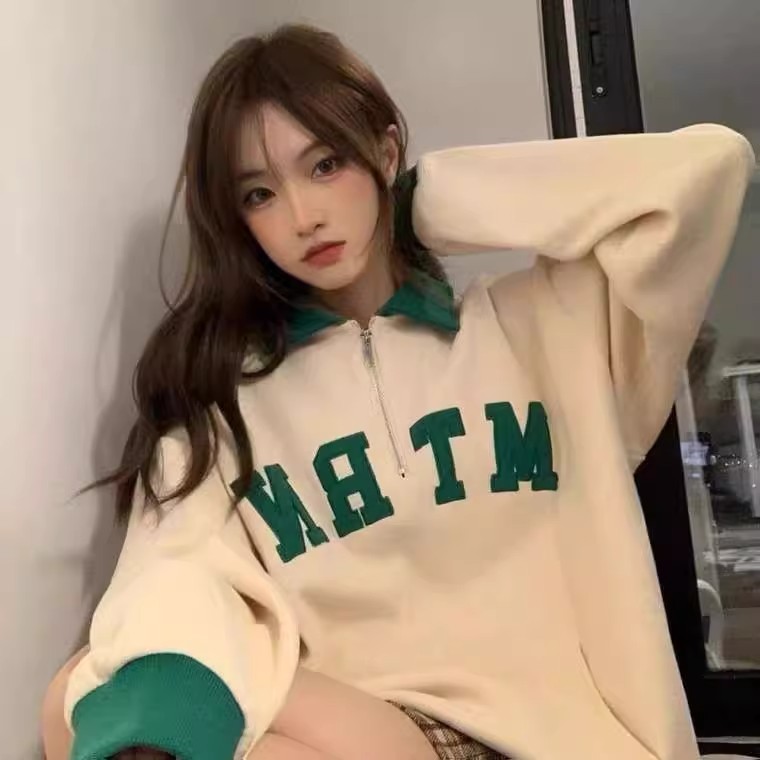 2023美式復古韓字母刺繡拼色半拉鏈POLO領衛衣女裝潮牌孕婦套頭衫