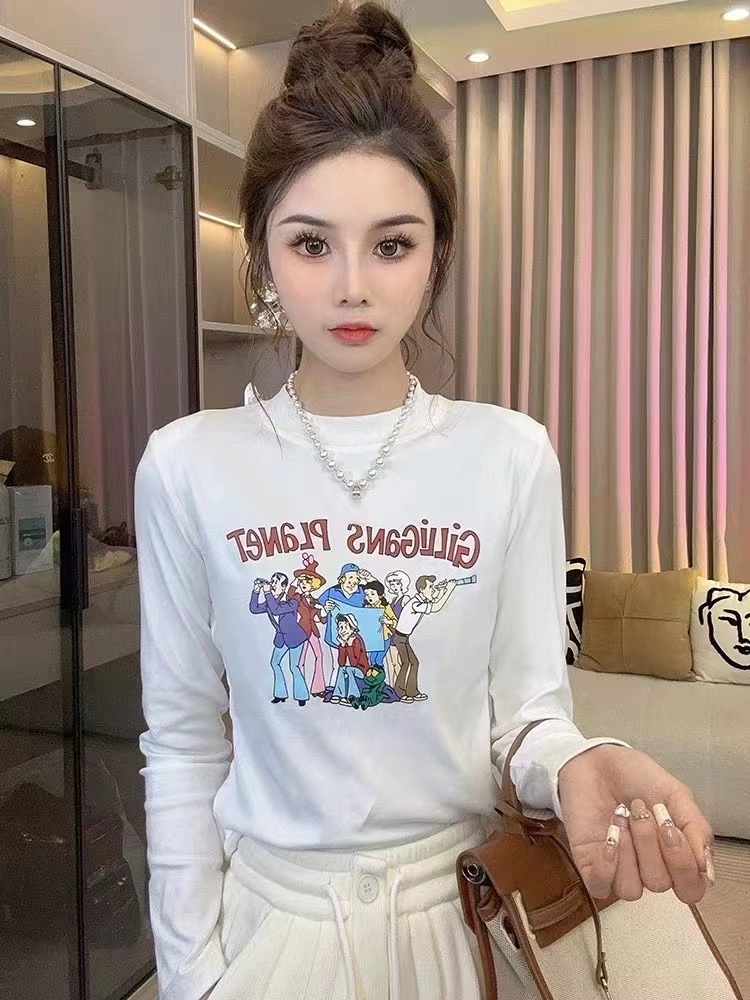 曉溪服飾2023秋季新款百搭打底衫女內搭印花打底修身T恤女