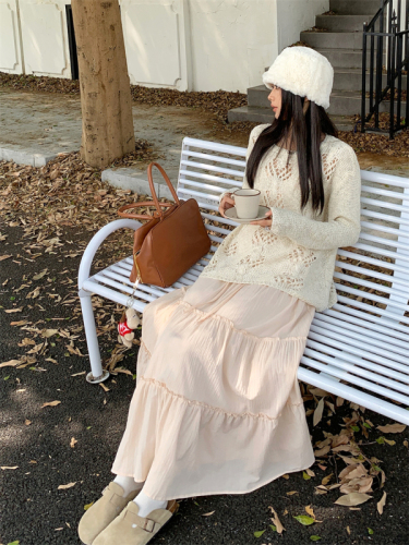 实拍 2109韩版休闲镂空宽松针织毛衣+7957纯色花边气质半身长裙