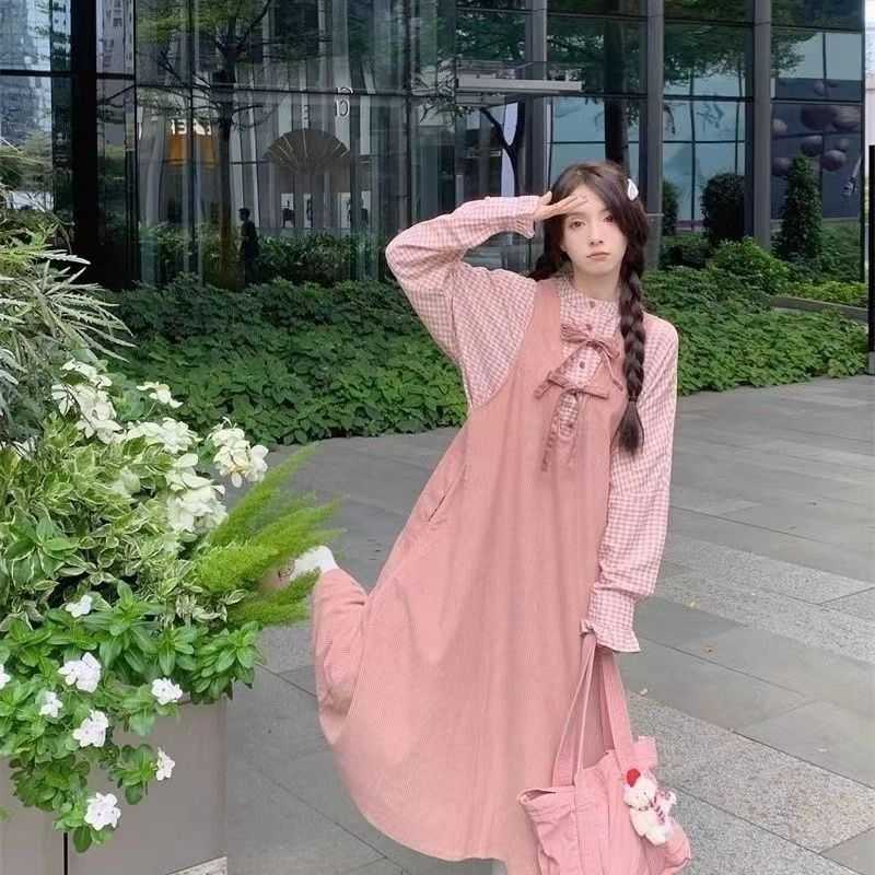 燈芯絨圓領背心連衣裙兩件套女格子襯衫春秋冬疊穿套裝裙