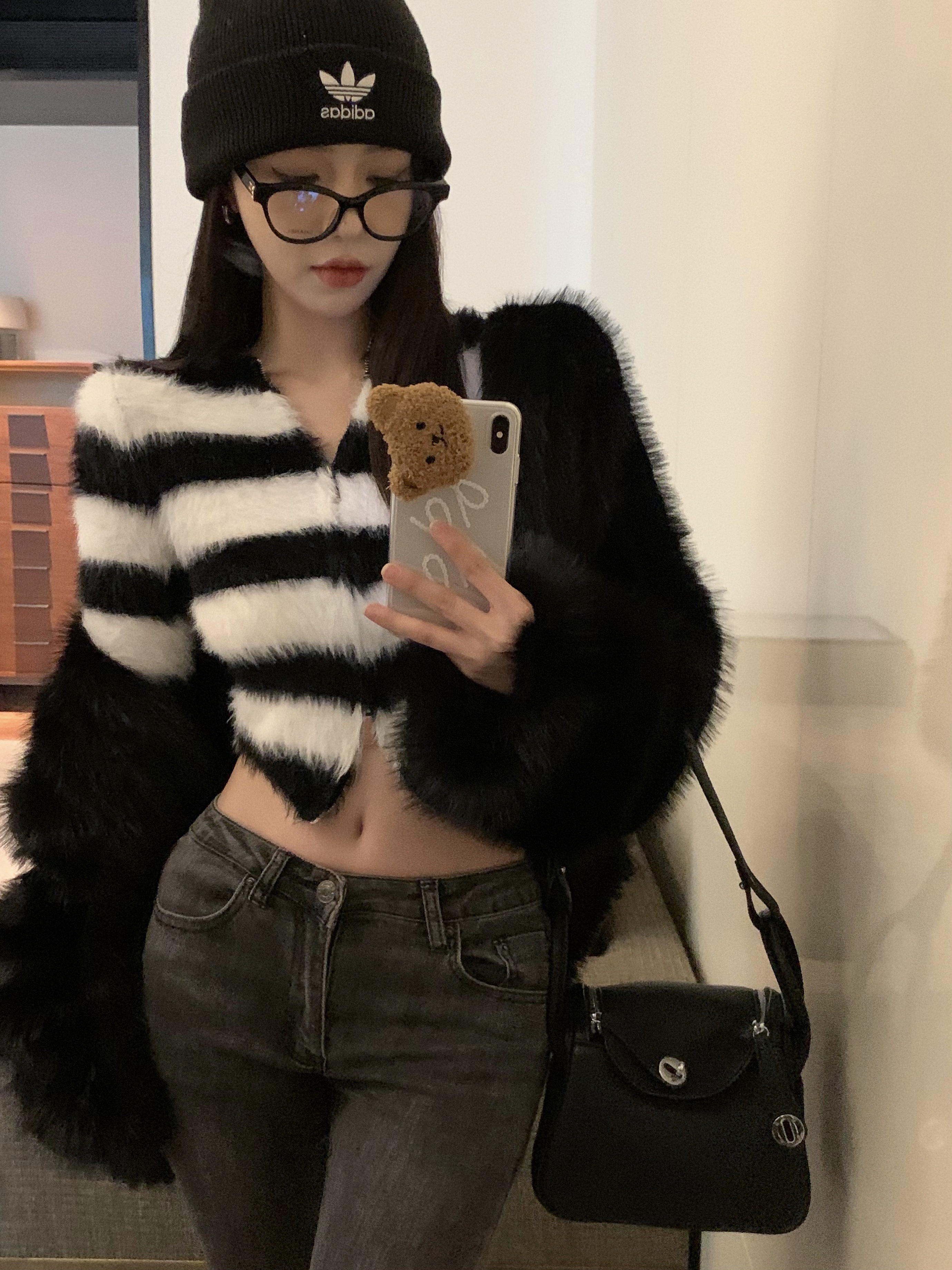 實拍水貂絨慵懶風短款毛衣開衫外套冬性感氣質高級感撞色條紋