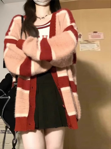  Autumn/Winter New Elegant Striped Color-block V-neck Knit Cardigan for Women Loose Slouchy Soft and Chewy Sweatshirt Outerwear