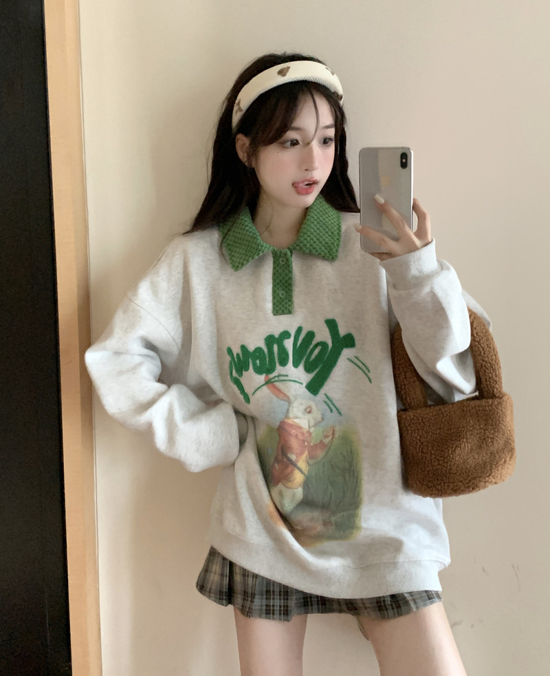 秋季2023新款韓版寬鬆顯瘦兔子印花polo領刺繡長袖衛衣女美式上衣
