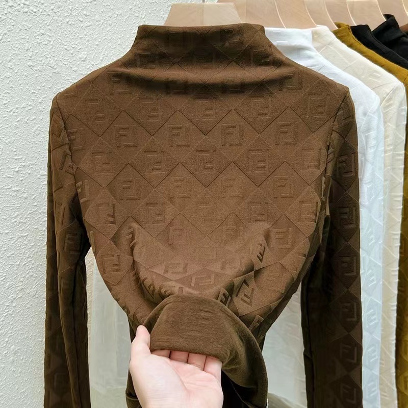 European semi-turtle collar plus velvet bottoming shirt for women in autumn and winter, fashionable and versatile, chic top, brushed long-sleeved T-shirt, trendy