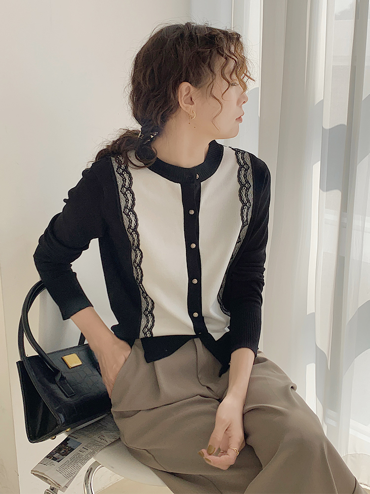 開衫針織外套女2023年新款女士薄款毛衣外搭圓領小香風蕾絲上衣初