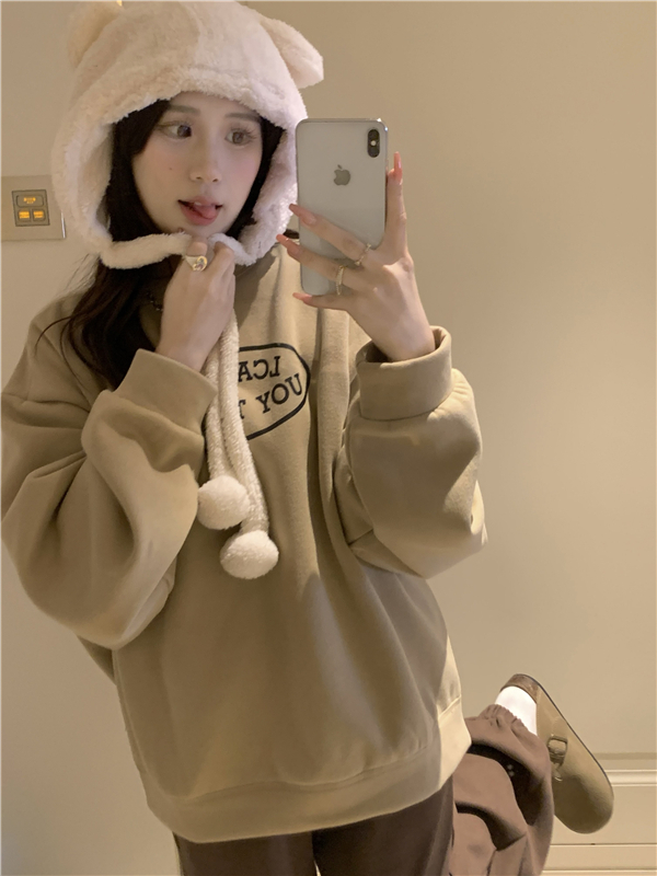 實拍！美式簡約加絨衛衣女圓領字母寬鬆顯瘦套頭復古休閒上衣