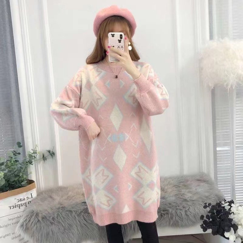 粉色菱格破邊長款毛衣女2023秋季新款洋氣chic寬鬆慵懶針織衫