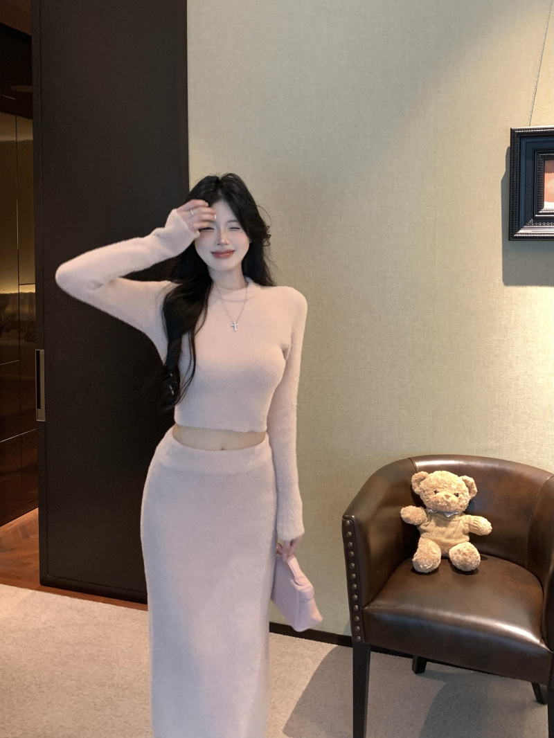 實拍~秋冬法式甜美溫柔風軟毛毛針織毛衣半身裙套裝女
