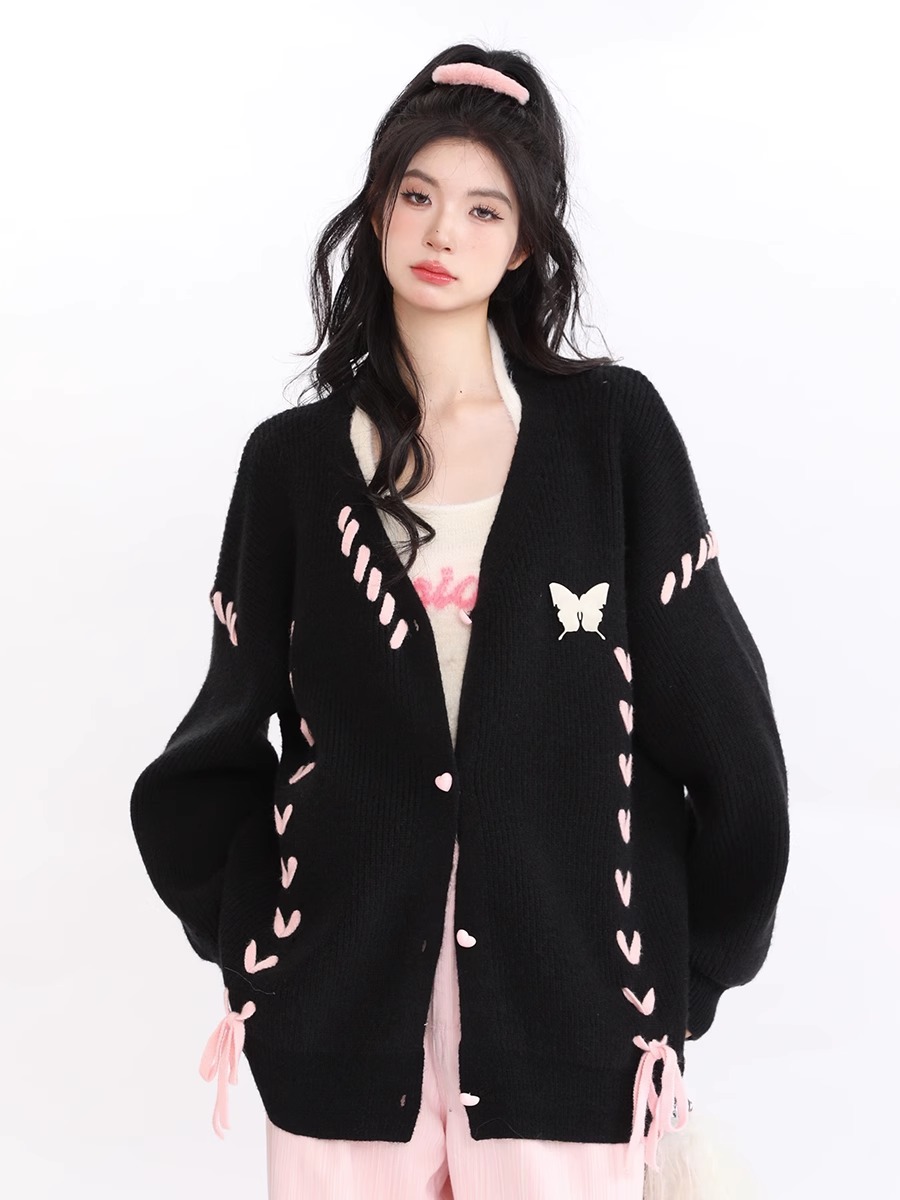 秋冬新款慵懶風小眾百搭設計感蝴蝶綁帶愛心開衫毛衣外套女
