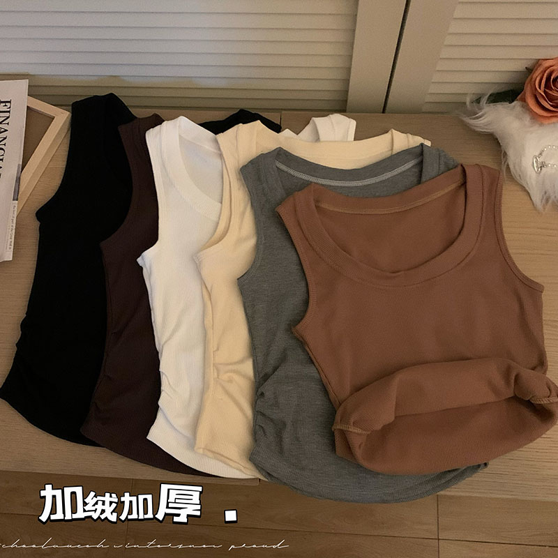 實拍 秋冬加絨加厚保暖背心褶皺收腰顯瘦內搭打底衫上衣