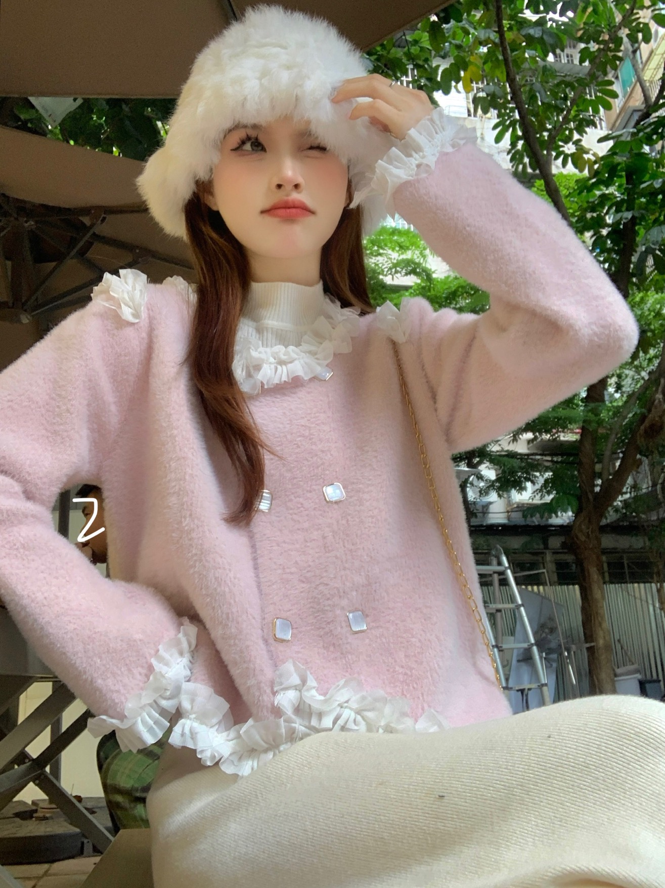 實拍   小香風針織開衫外套女木耳邊拼接貂絨毛衣