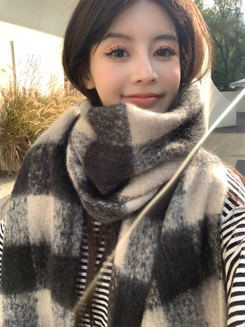實拍秋冬厚實粉色格子網紅同款百搭保暖圍巾圍脖