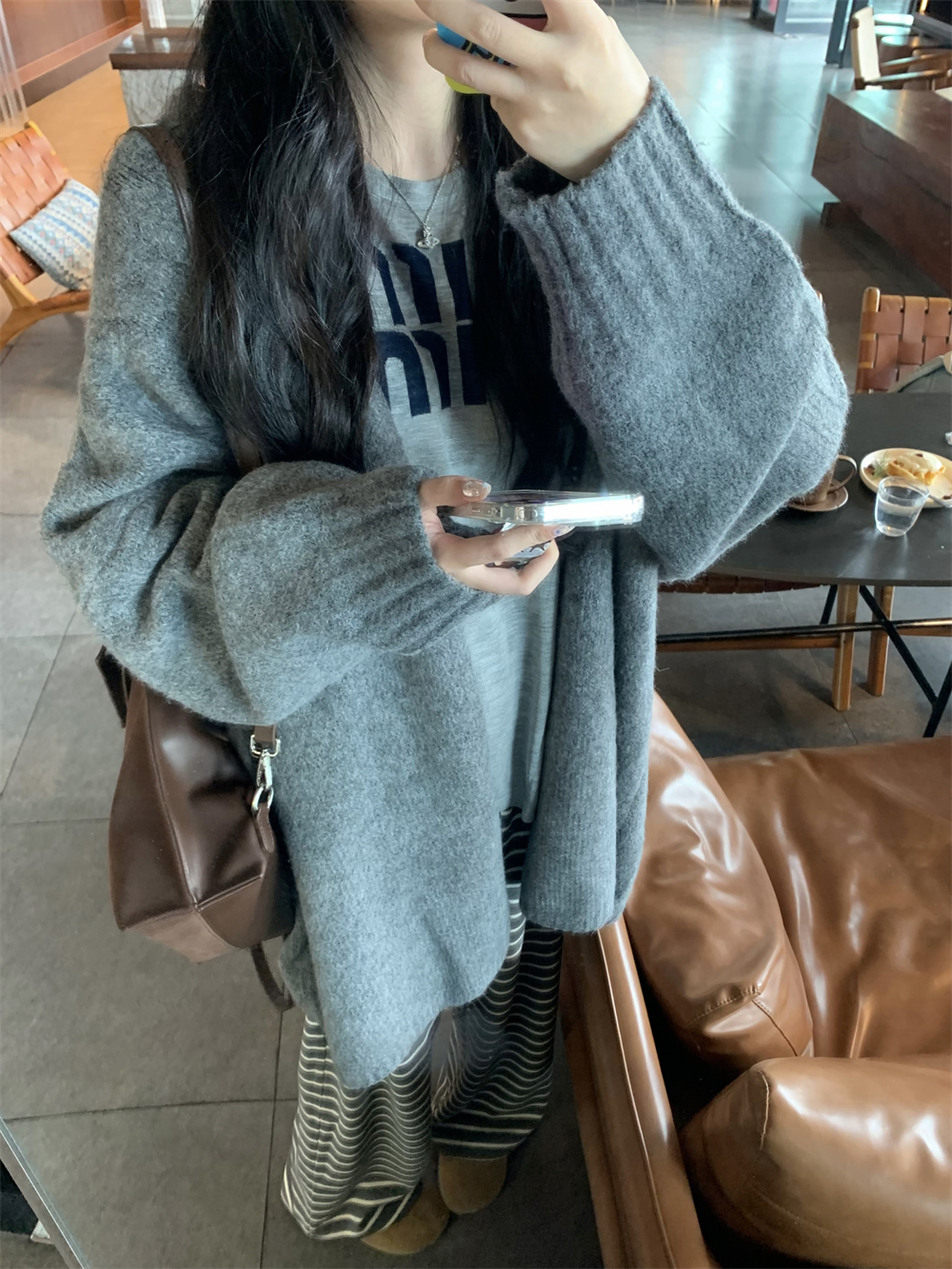 實拍慵懶風毛衣外套女寬鬆長袖針織衫小眾中長款開衫上衣條紋長褲