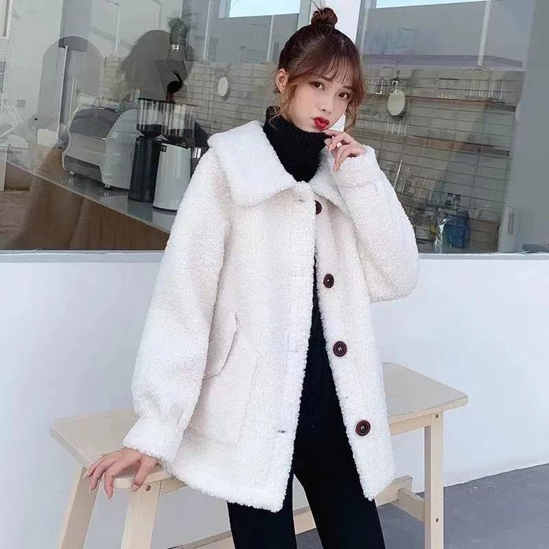 加厚仿羊羔毛一體方領外時尚外套女秋冬裝大碼單排扣寬鬆女士大衣