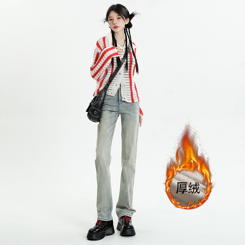 實拍2023秋冬加絨彈力直筒牛仔褲女高腰寬鬆拖地褲加長