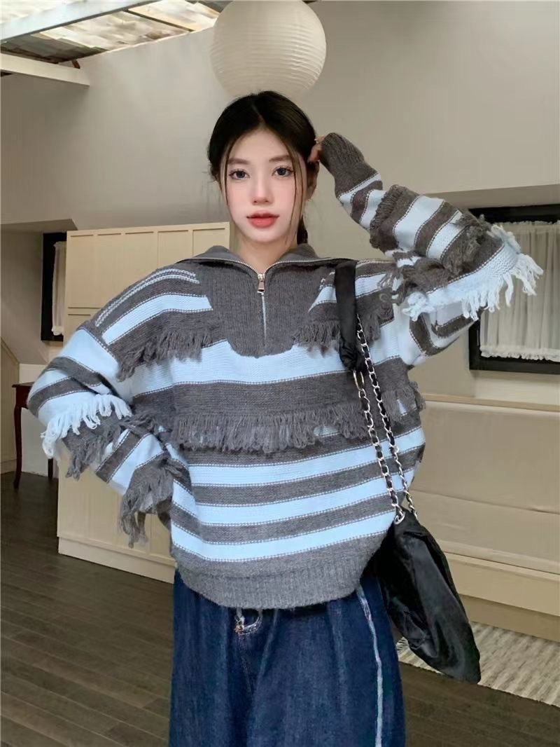 條紋流蘇毛衣女秋冬加厚寬鬆慵懶風半拉鏈翻領套頭針織衫上衣外穿