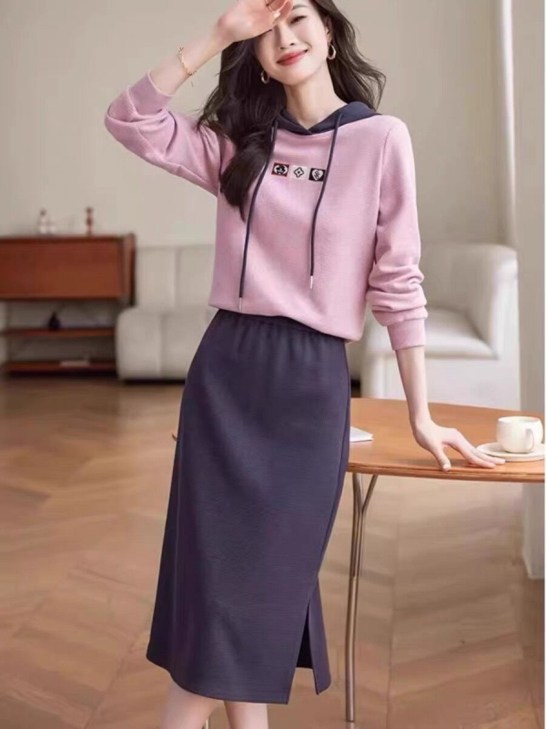 華夫格套裝裙女2023秋冬新款時尚休閒半身裙子撞色連帽衛衣兩件套