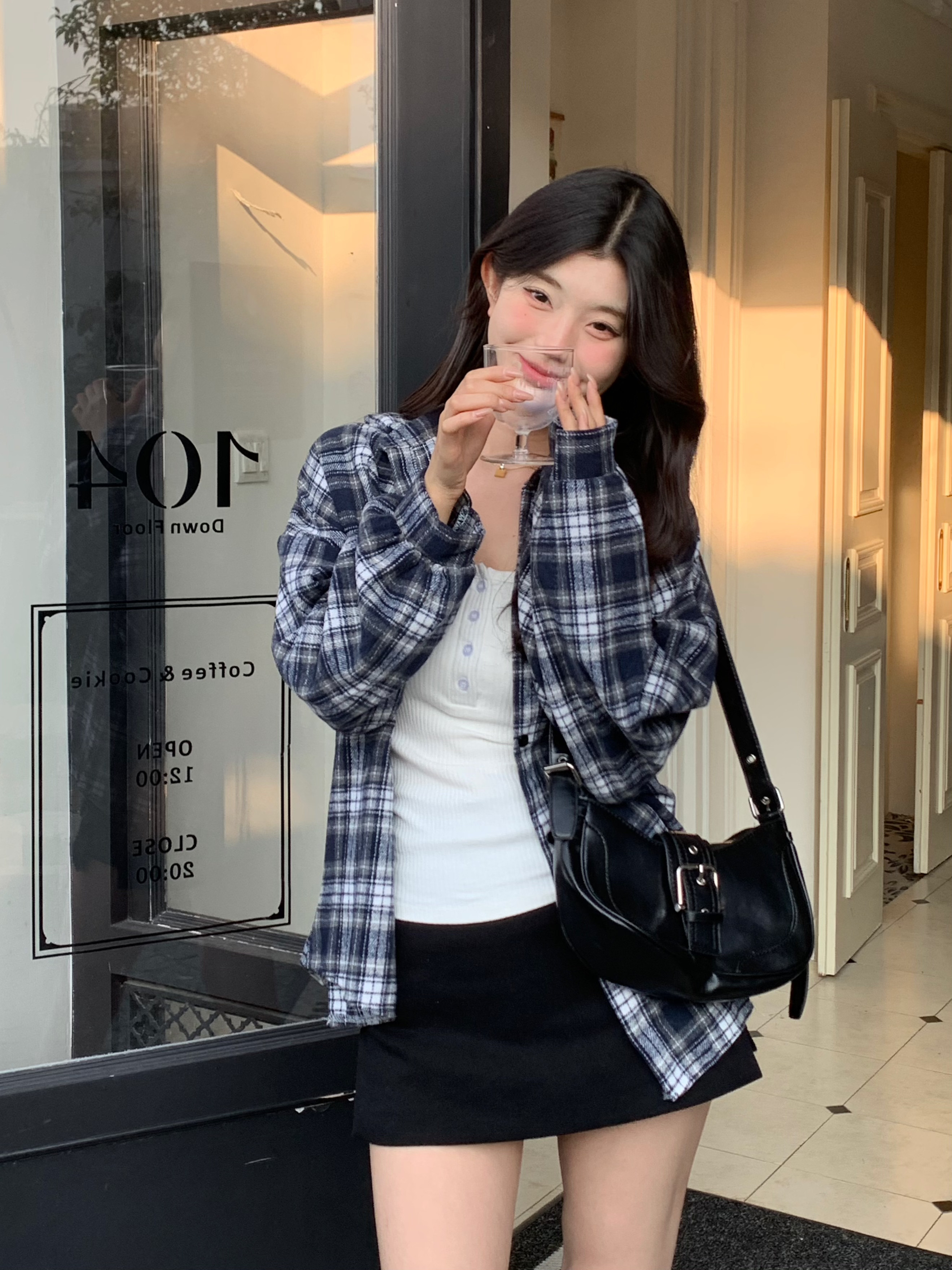 實拍復古格子甜美防曬開衫外套女士夏季長袖襯衣別致韓系上衣
